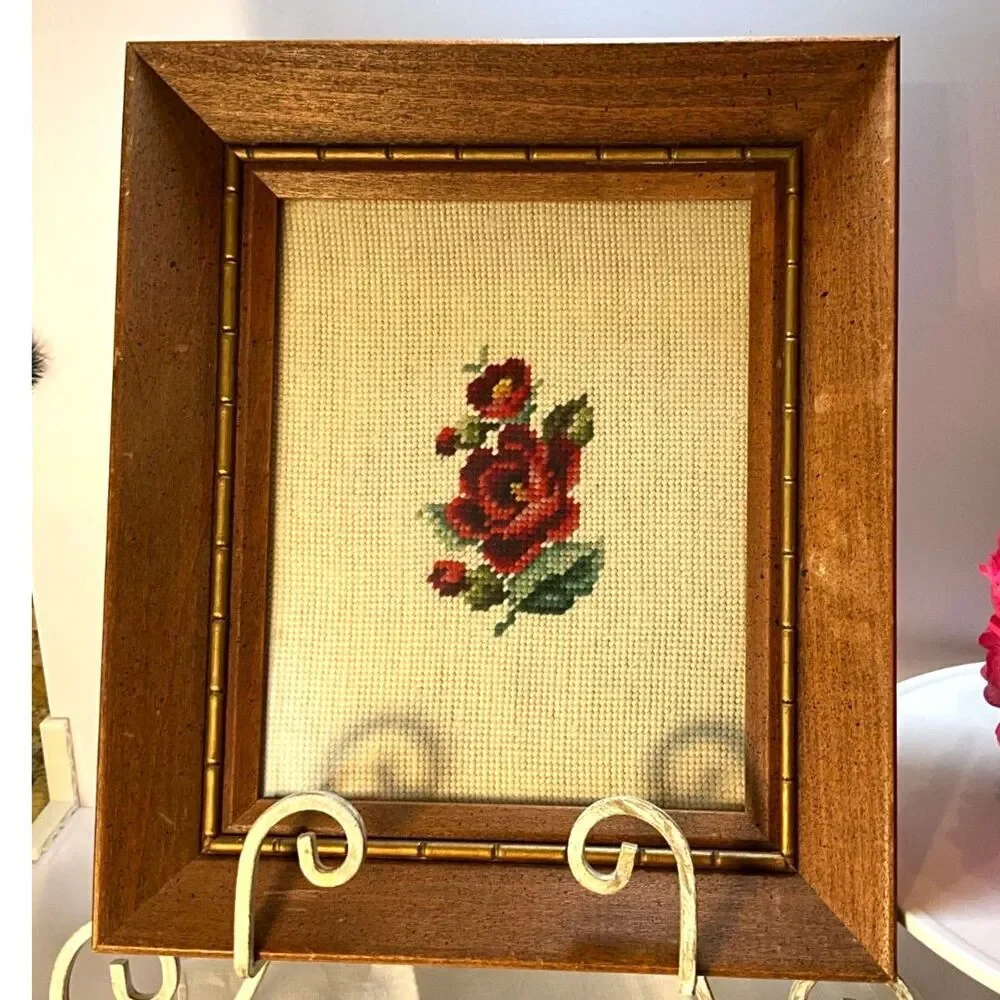 Beautiful vintage framed rose needlepoint; 1964 - ready to hang